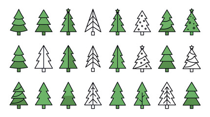 Obraz premium Christmas tree icon set with minimalist green and outline designs