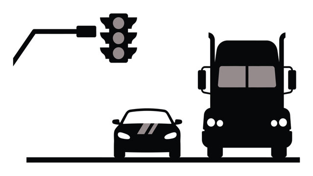 Truck and car silhouette wait at a traffic light intersection during a busy city commute time.