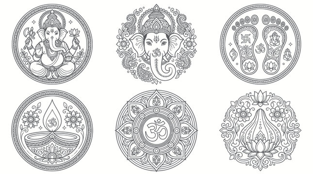 Sacred hindu spiritual icons and ganesha deity line art collection