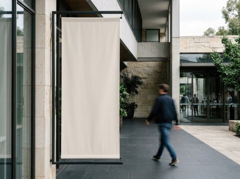 Vertical Banner Mockup with Copy Space in Modern Architectural Setting, Commercial Advertising Concept