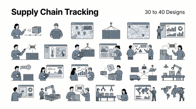 Supply chain management and logistics tracking vector graphics with logistics tracking shipping delivery transport warehouse distribution transportation management inventory commerce