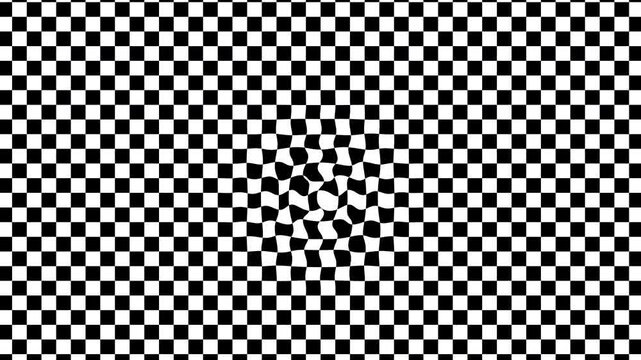 Black and White Squares with Ripple Warping Birthing from Centre. Hypnotic Abstract Visual Background. Abstract Animation. 4K.
