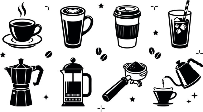 Coffee shop drink and brewing method glyph icon set featuring espresso cup moka pot french press portafilter kettle latte and iced beverage vectors.