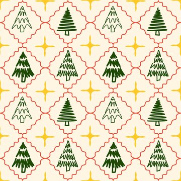 Seamless Christmas Tree Pattern Retro Scandinavian Holiday Background