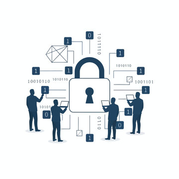 Security engineers managing data encryption with binary code and padlock digital interface.