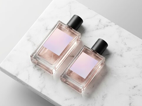 Perfume Bottle Mockup, Elegant Product Display on Marble Surface, Customizable Label Space, Professional Photography, Luxury Fragrance Branding Concept