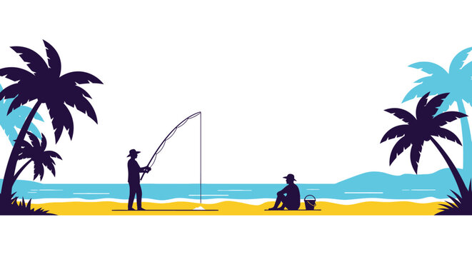 Tropical Beach Fishing Vacation - Silhouette of Fishermen on Sandy Shore with Palm Trees