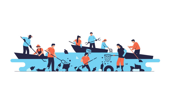 Volunteers cleaning polluted water, removing trash from river in boats