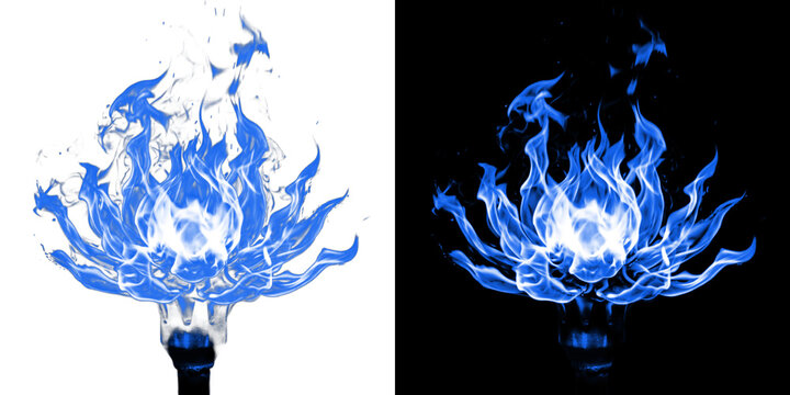 Blue lotus flower shaped fire on transparent and black background, abstract energy effect.