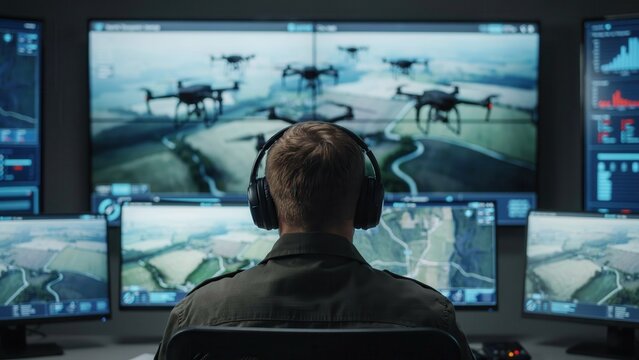Man in control room monitoring drones on multiple screens