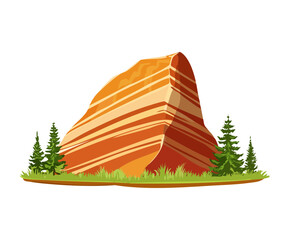 Striped orange rock boulder sitting on a green grass lawn patch for outdoor desert park illustrations and geology game level graphics © color