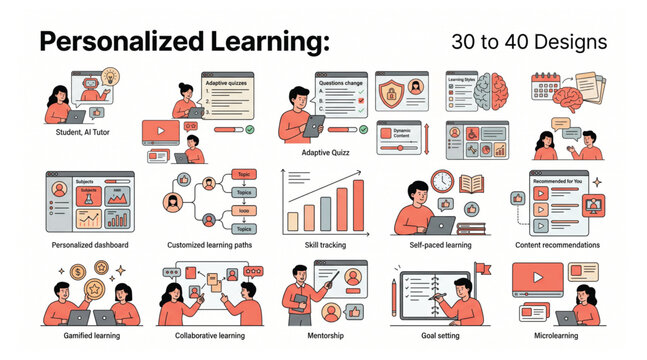 Personalized learning concept set illustrating adaptive education and customized academic development for students and teachers with e learning education personalized adaptive