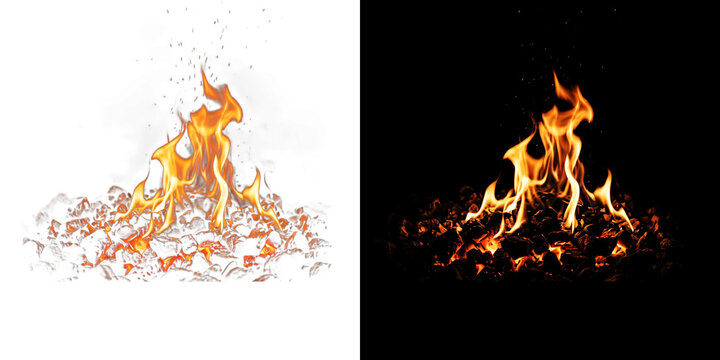 Natural wood fire flames with glowing embers isolated on transparent background for easy compositing in design work.