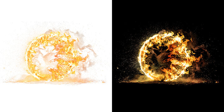 Fiery sphere orb explosion with ground effect isolated on black and transparent backgrounds.