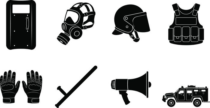 Collection of riot control tactical police and law enforcement equipment silhouettes isolated on white background