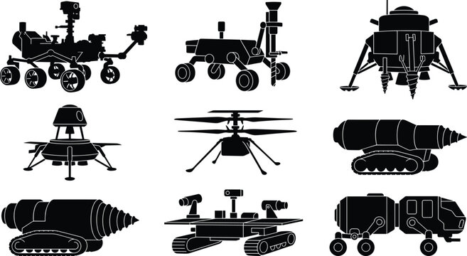 Collection of planetary rover spacecraft lander and space exploration vehicle silhouettes isolated on white background