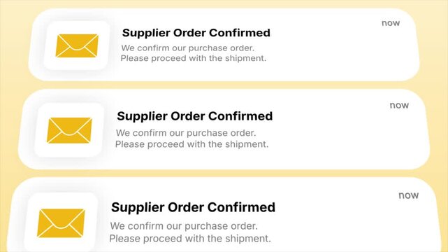 Supplier Order Confirmed notification appears in a smooth animated. Perfect for business, e-commerce, logistics, and supply chain projects to illustrate order fulfillment.