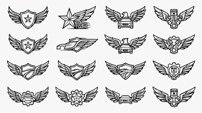 Sleek Black and White Vintage Style Car Racing and Mechanic Emblem Collection with Wings for Auto Enthusiasts