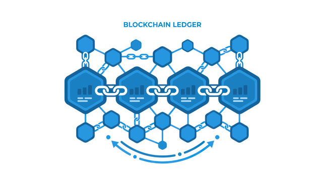 Blockchain Ledger Technology Concept: Linked Blocks with Data Charts