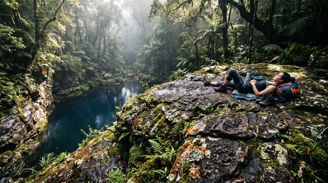 Hiker Resting by a Jungle River on a Mossy Rock Ledge