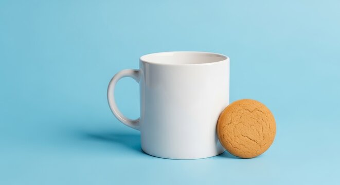 White coffee mug and sweet biscuit.