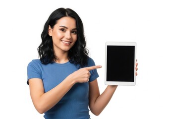 Fototapeta premium Smiling woman, holding tablet, pointing to screen, blank display, blue shirt