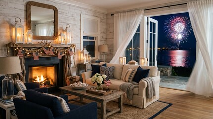 Fototapeta premium Coastal home interior captures a serene living area with a fireplace and grand open doors overlooking a vibrant firework show.