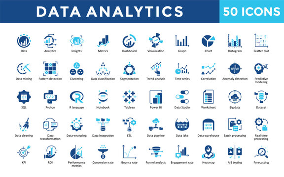 Data Analytics icons set with data, analytics, insights, metrics, dashboard, visualization, graph, chart, histogram, scatter plot icon. Simple flat vector 
