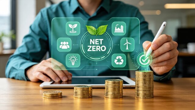 Businessman planning net zero strategy on tablet with green energy icons, sustainable finance concept