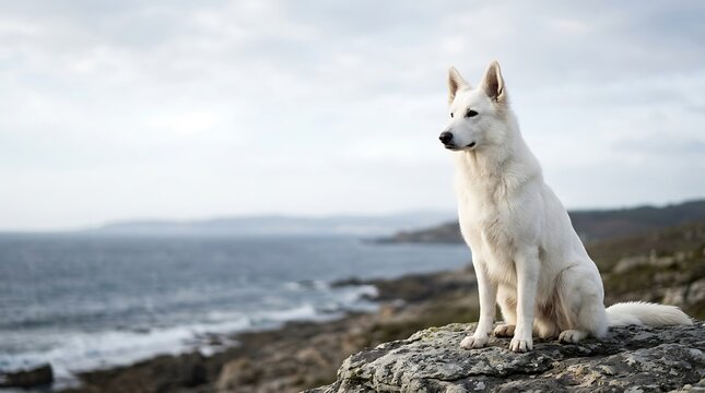 White swiss shepherd dog sitting on a rocky cliff by the ocean
