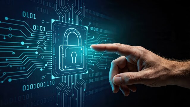 Finger touching glowing digital padlock icon on circuit board background cybersecurity data protection privacy encryption authentication access control network security firewall