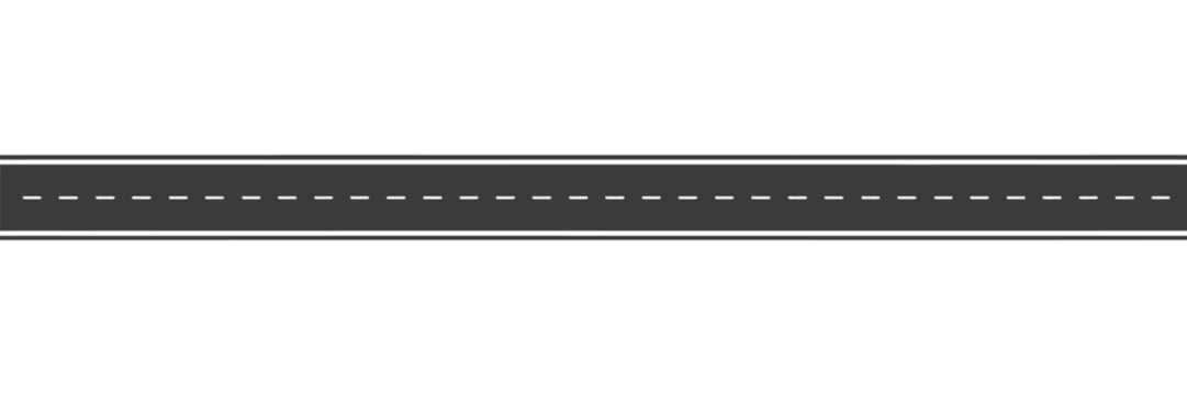 Seamless straight asphalt road graphic, white dashed lane markings, top view highway street, transportation traffic concept, urban infrastructure map design vector element.