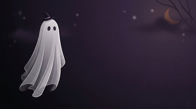 Ghost with witch hat floating in dark spooky night sky