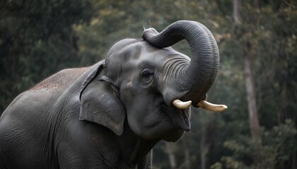 Fototapeta premium Playful elephant splashes refreshing water over its head using its flexible trunk in nature