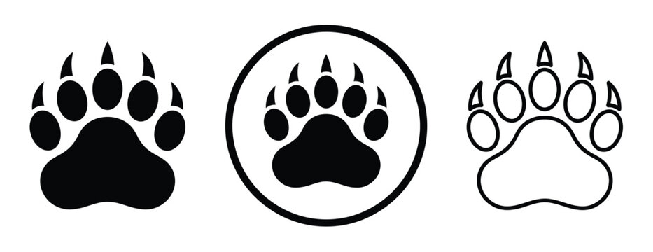 Bear Paw Prints Vector Icons Featuring Solid, Enclosed, and Outline Styles for Design