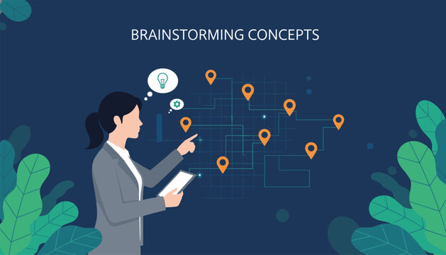 Brainstorming concepts and map navigation technology featuring businesswoman managing data map pin locations.