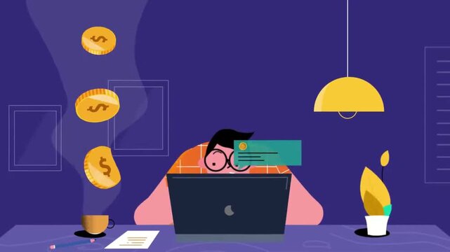 Tired Employee Overwhelmed by Work and Falling Financial Coins, Debt or Money Stress Concept, 2D Animation Loop