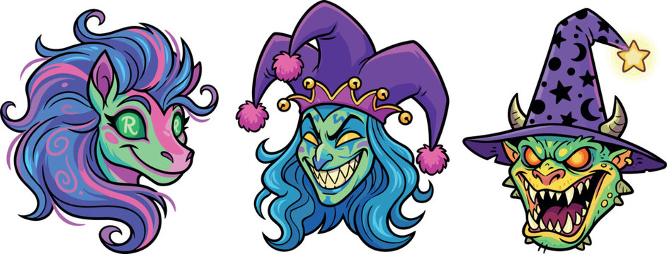Fantasy monster avatar set featuring a colorful punk horse an evil grinning jester and a scary goblin wearing a wizard hat vector