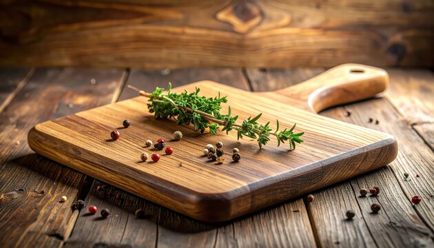 Herbs on wooden cutting board.