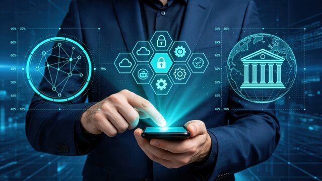 Man using smartphone for secure fintech banking, digital payment protection, global finance network, cybersecurity icons, cloud computing and data privacy concept in business