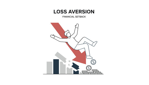 Loss aversion and financial setback concept showing falling businessman down a giant red negative trend drop arrow.