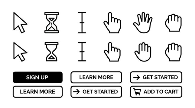 modern ui ux design elements featuring diverse cursor icons and interactive web buttons for digital user interface.