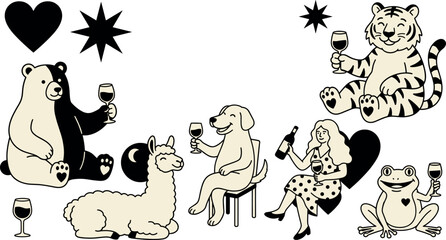 Obraz premium Cute retro cartoon animal characters and woman drinking wine isolated vector elements set for trendy sticker design.