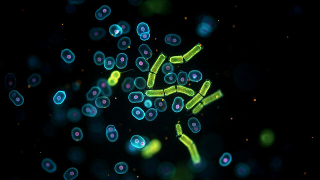 Fluorescent microscopy of Hanseniaspora and Schizosaccharomyces yeast cells, vibrant blue green pink orange bioluminescent glow, advanced microbiology laboratory, ultra detailed cellular structures, s