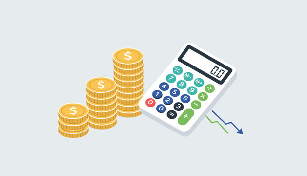 Financial calculator next to three increasing stacks of gold coins showing a downward trend arrow, representing budget planning and costs.