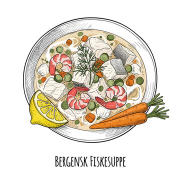 Bergensk Fiskesuppe, illustration of a comforting creamy fish and shrimp soup, adorned with fresh dill and a lemon wedge, showcasing wholesome ingredients and a delightful culinary experience