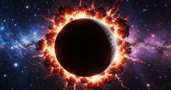 Stunning cosmic scene depicting a solar eclipse with fiery solar flares in the background