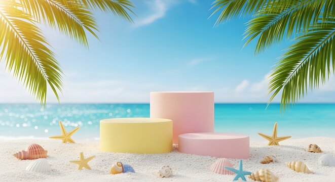 Empty product display podiums on a tropical sandy beach with seashells and palm leaves