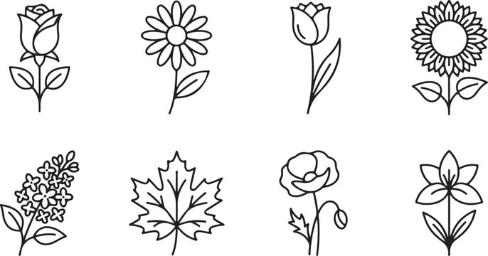 Set of eight simple black and white floral icons