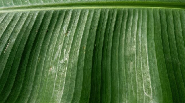 Close up of vibrant green banana leaf texture with natural parallel veins for organic tropical background and eco friendly sustainable design concepts